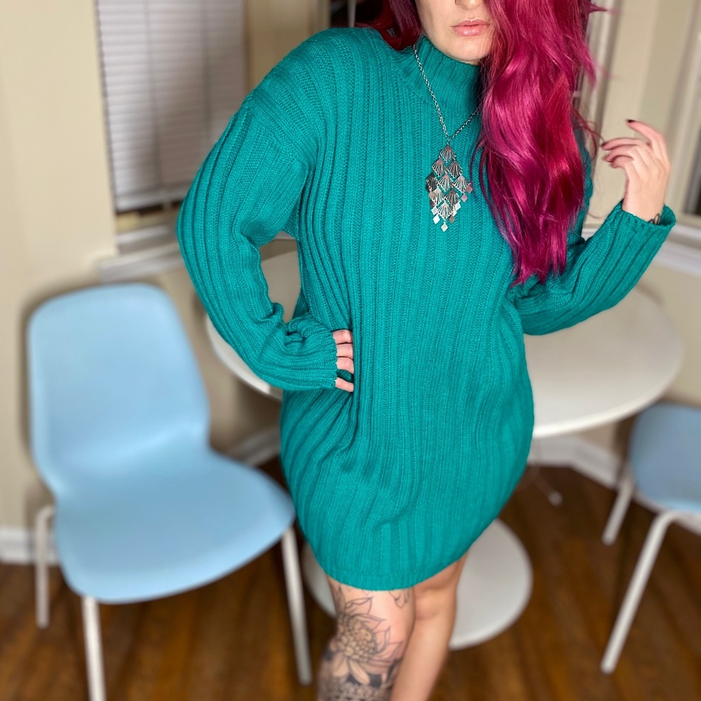 "Bravo" Vintage Teal Sweater Dress